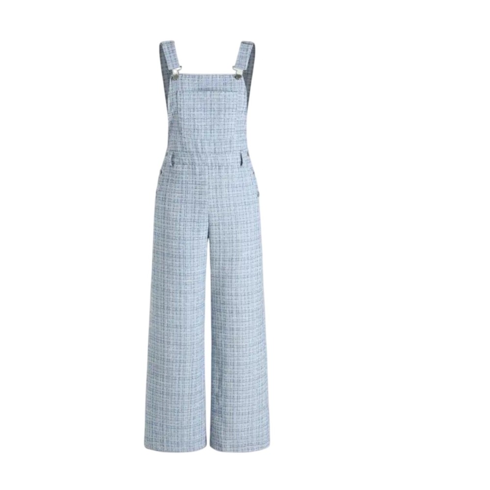 Cider Light Blue Tweed Wide Leg Overalls Metallic Plaid Bib Dungarees Small NWT